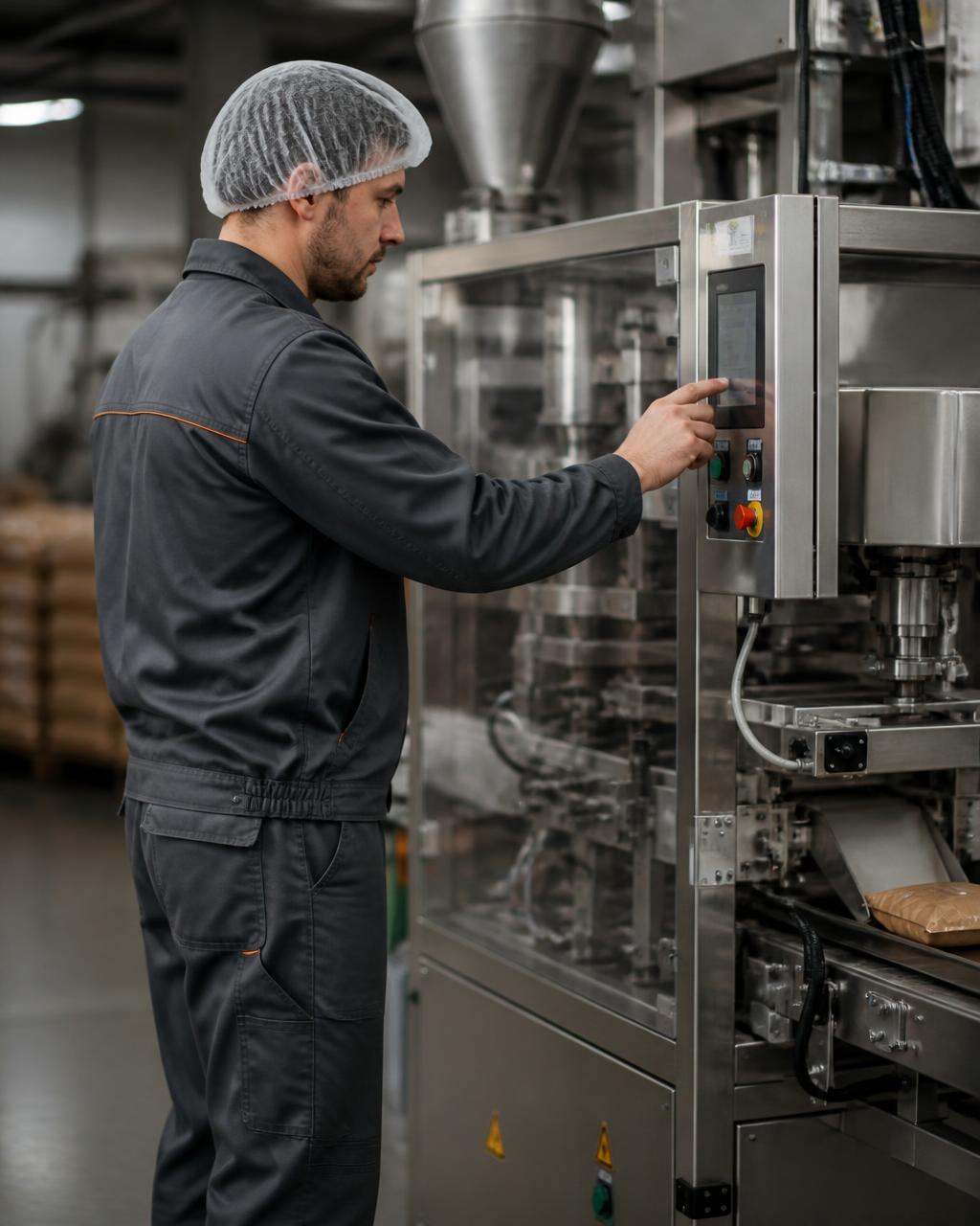 Operator monitoring a packaging machine on a production line